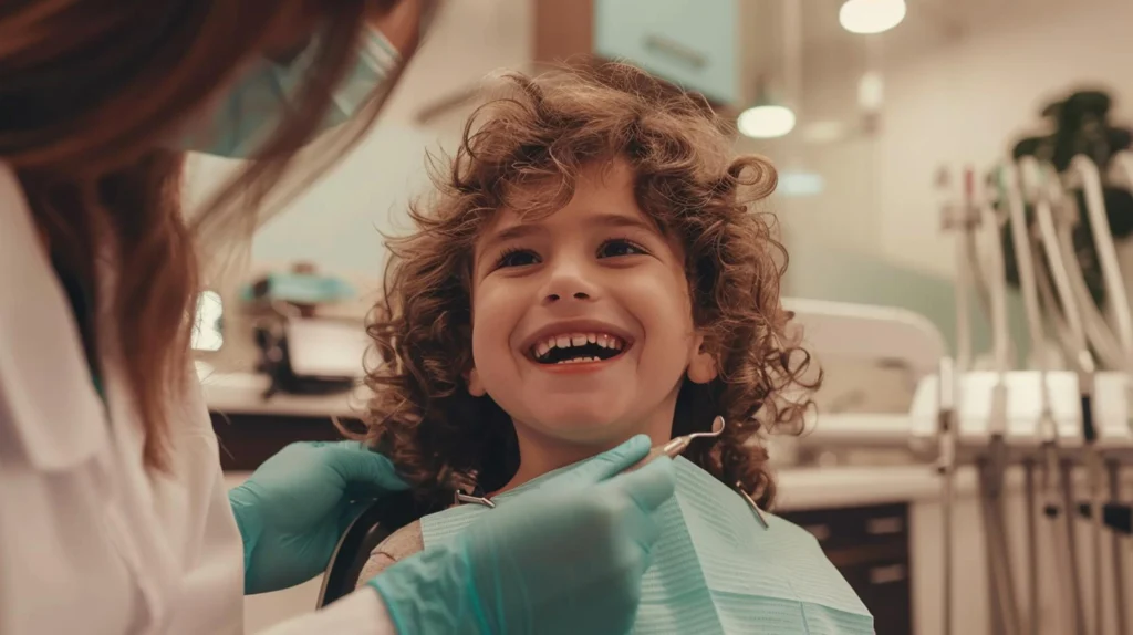 Un bambino felice che sorride al dentista.